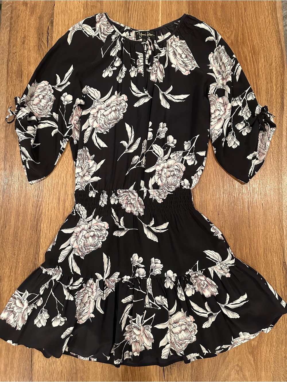 Yumi Kim Black Floral Smocked-Waist Mini Dress